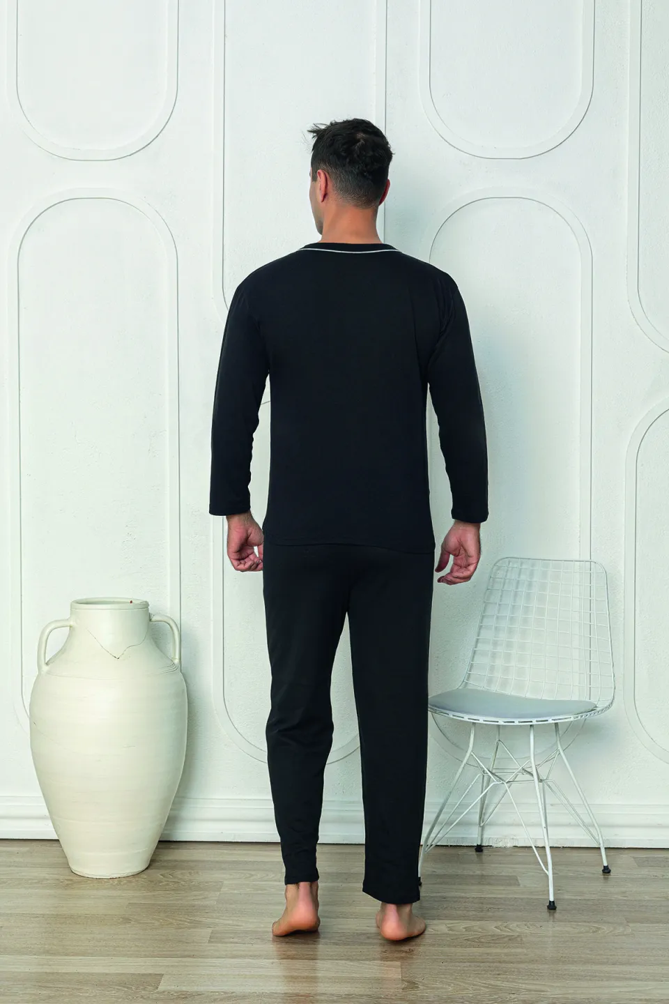 Pijama bărbat – pantaloni lungi, negru cu nasturi, mânecă lungă,M - 2