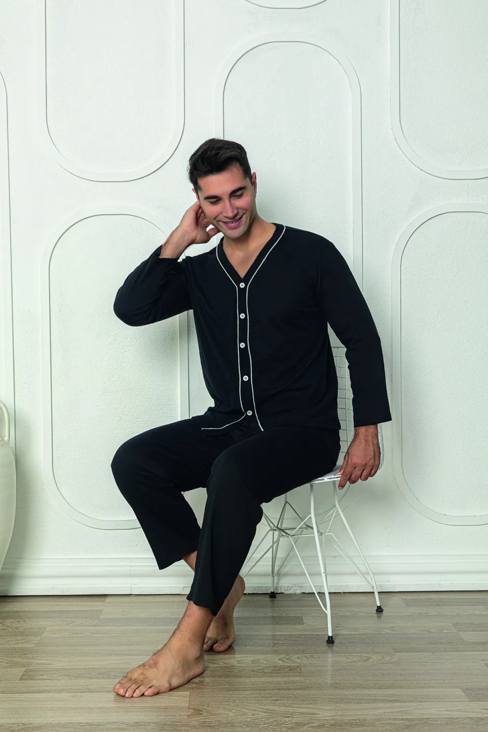 Pijama bărbat – pantaloni lungi, negru cu nasturi, mânecă lungă,M - 3