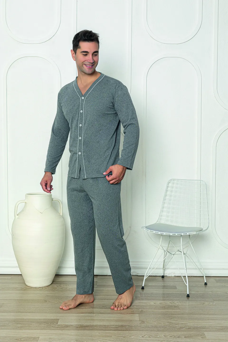 Pijama bărbat – pantaloni lungi, gri cu nasturi, mânecă lungă,M - 2