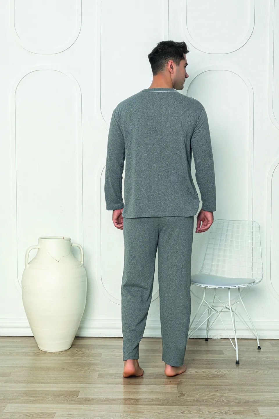 Pijama bărbat – pantaloni lungi, gri cu nasturi, mânecă lungă,M - 3