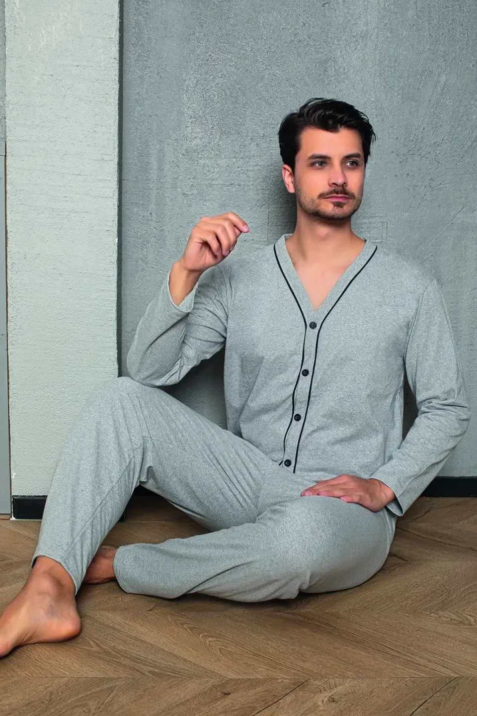 Pijama bărbat – pantaloni lungi, gri cu nasturi, mânecă lungă,M - 3