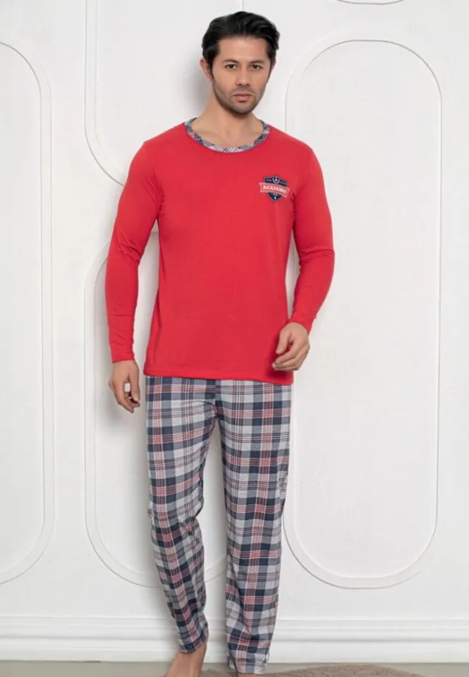 Pijama bărbați – pantaloni lungi și mâneci lungi, roșu, design academic,L