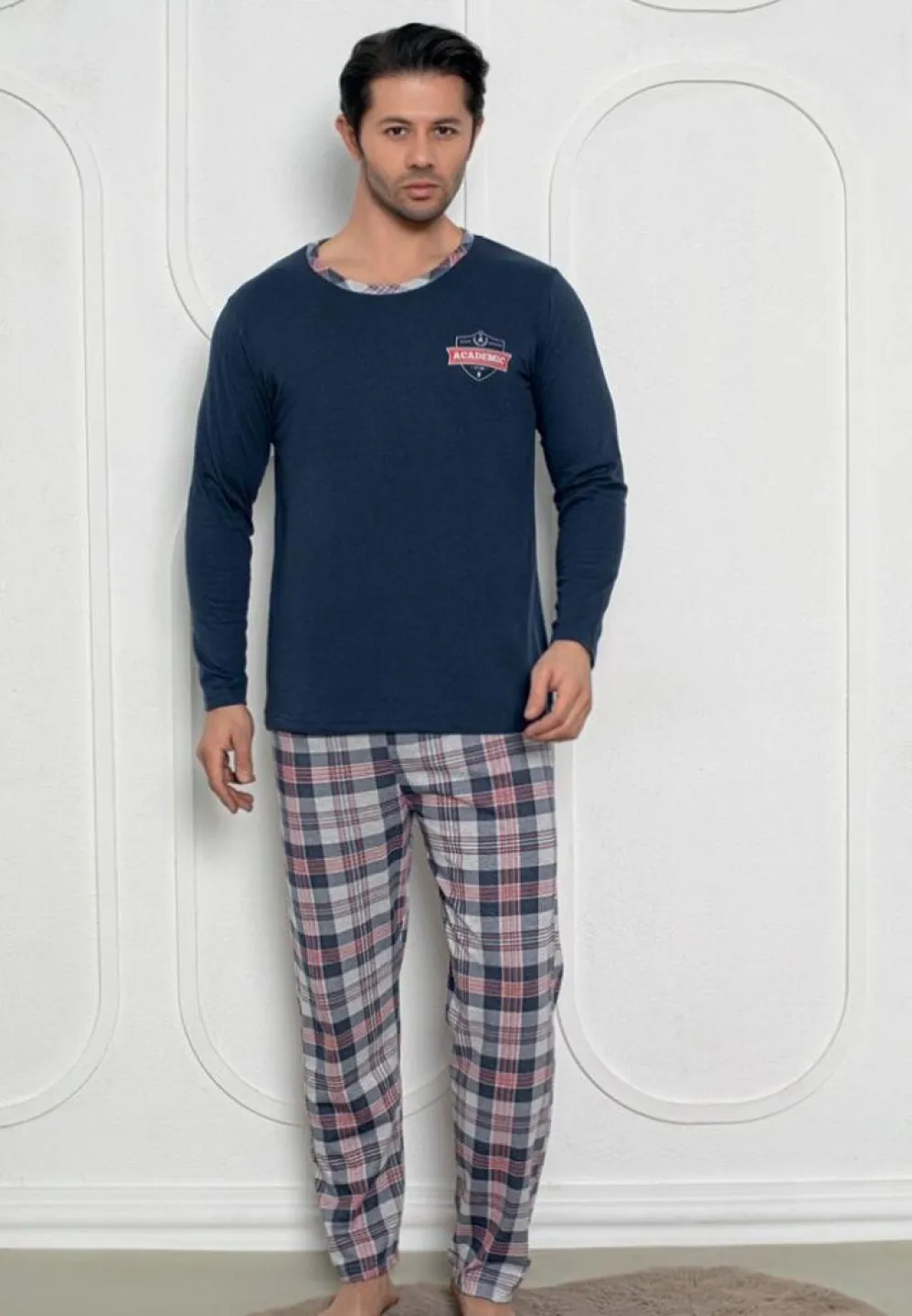 Pijama bărbați – pantaloni lungi și mâneci lungi, bleumarin, design academic - 1