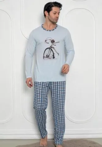 Pijama bărbați – pantaloni lungi și mâneci lungi, print bicicletă,Blue