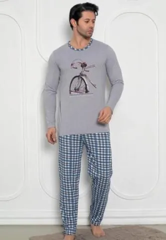 Pijama bărbați – pantaloni lungi și mâneci lungi, print bicicletă,Gri