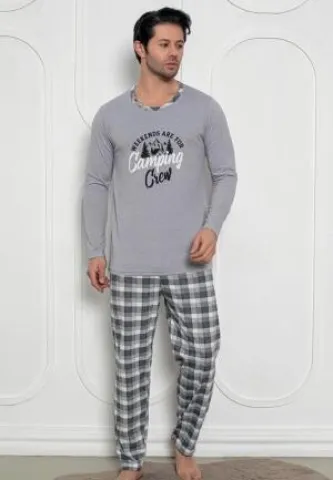 Pijama bărbați – pantaloni și mâneci lungi, gri închis, print Camping Crew