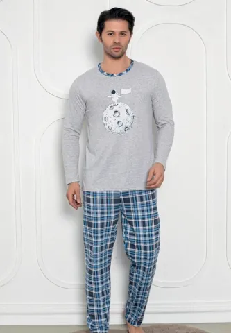 Pijama bărbați gri – print Astronaut, mâneci lungi și pantaloni lungi
