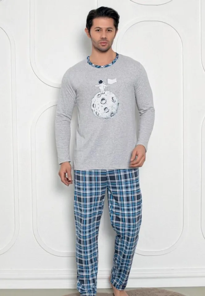 Pijama bărbați gri – print Astronaut, mâneci lungi și pantaloni lungi
