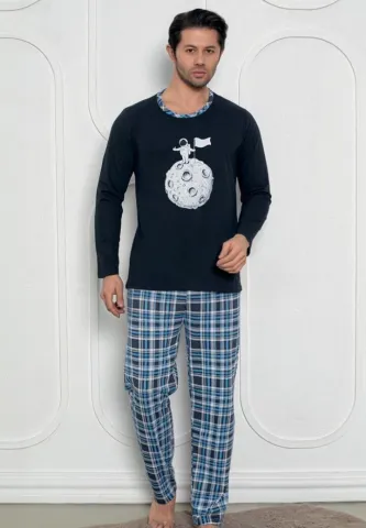 Pijama bărbați Bleumarin – print Astronaut, mâneci lungi și pantaloni lungi