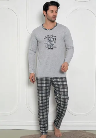 Pijama bărbați – gri, mâneci lungi și pantaloni lungi, design Locomotive