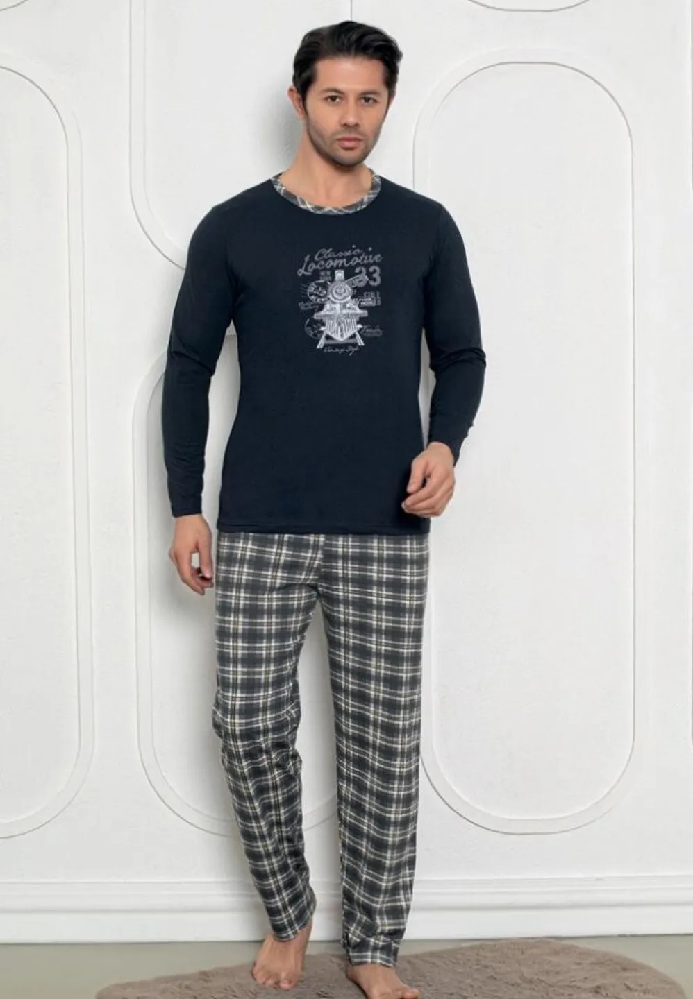 Pijama bărbați – Bleumarin, mâneci lungi și pantaloni lungi, design Locomotive - 1