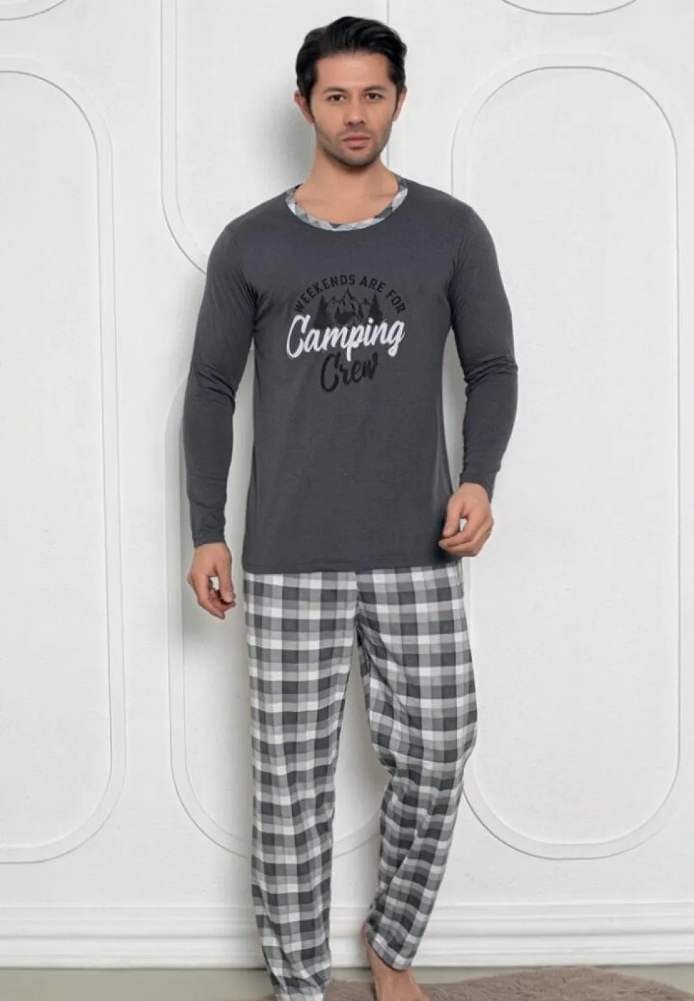 Pijama bărbați – gri închis, mâneci și pantaloni lungi, print Camping Crew - 1