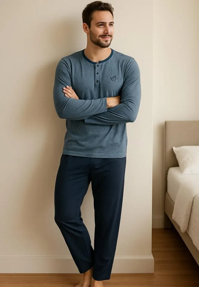 Pijama bumbac – albastru deschis, pantalon lung, mânecă lungă, bărbat