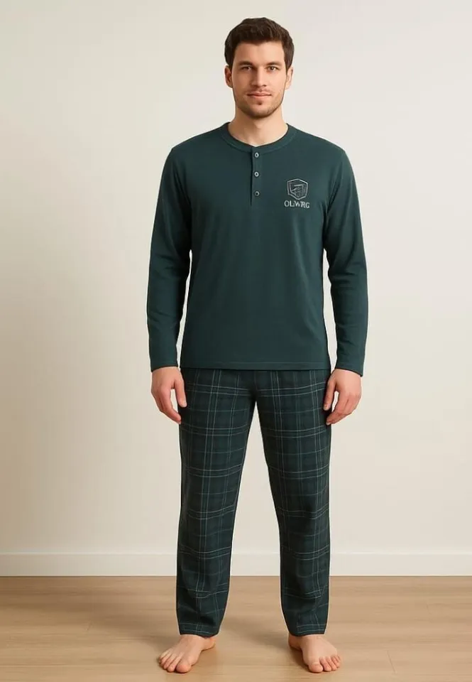 Pijama verde bumbac – bărbat, pantalon lung și mânecă lungă