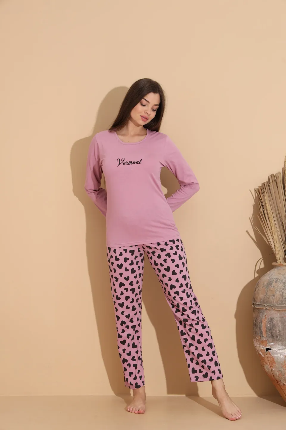 Pijama damă mov cu design romantic și pantaloni lungi cu model floral - 3