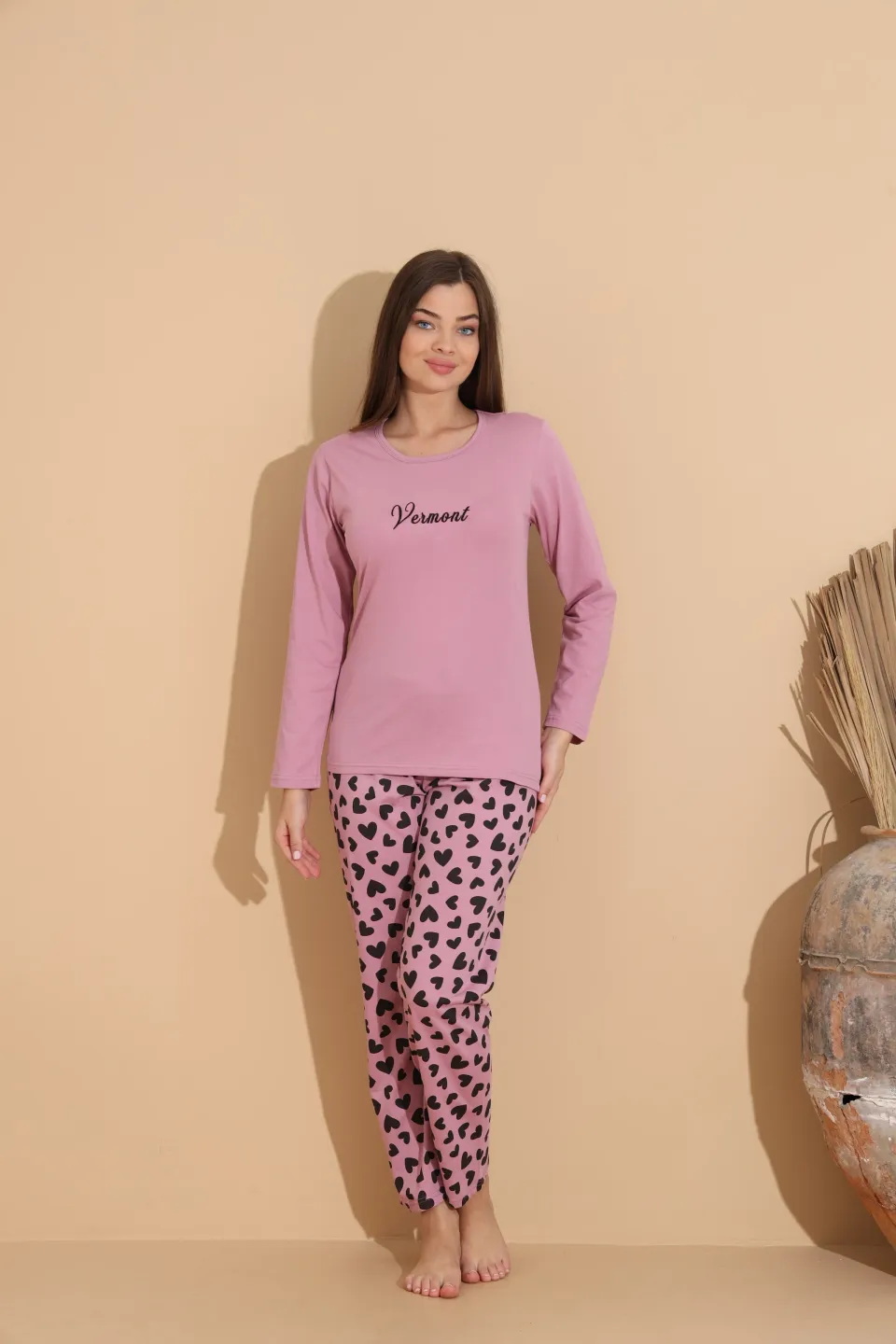 Pijama damă mov cu design romantic și pantaloni lungi cu model floral - 4