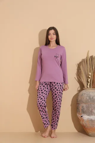 Pijama damă mov cu design romantic și pantaloni lungi cu model floral