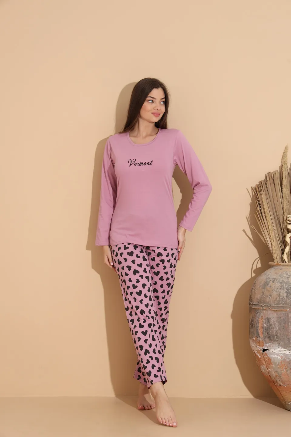 Pijama damă mov cu design modern și pantaloni lungi imprimeu inimioare - 4