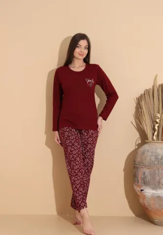 Pijama damă „You Can M” bordo – set confortabil, mânecă lungă și pantaloni lungi