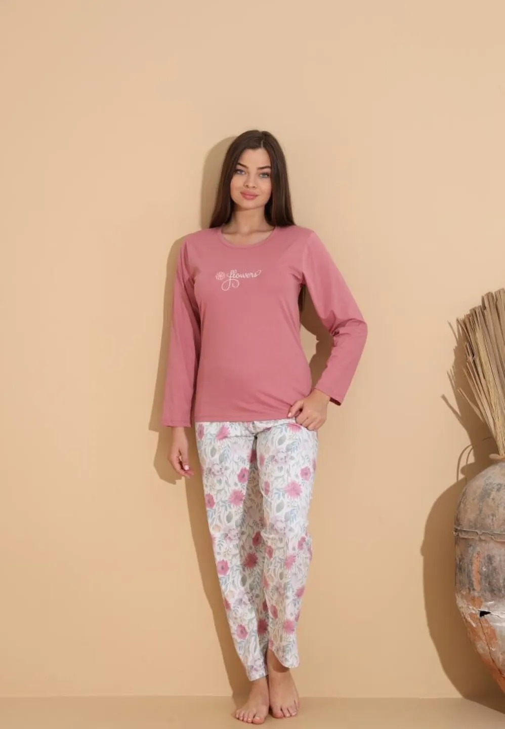 Pijama damă cu pantaloni cu imprimeu floral și bluză „Flowers”, roz prăfuit - 3