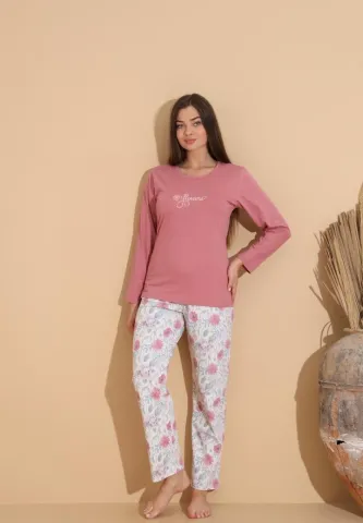 Pijama damă cu pantaloni cu imprimeu floral și bluză „Flowers”, roz prăfuit
