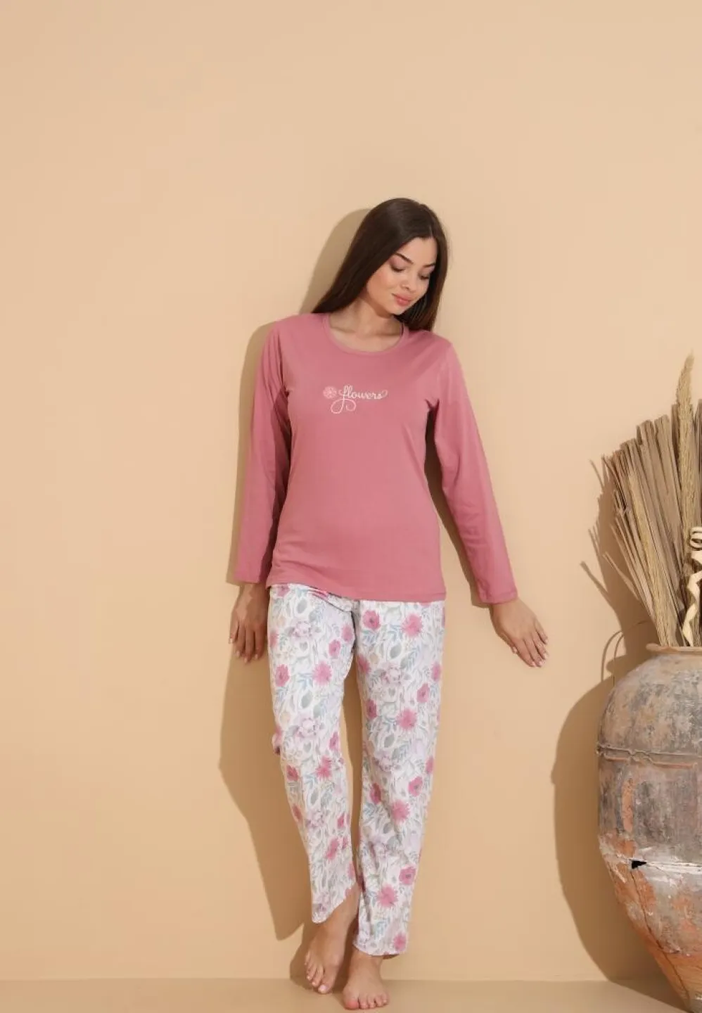 Pijama damă cu pantaloni cu imprimeu floral și bluză „Flowers”, roz prăfuit - 4