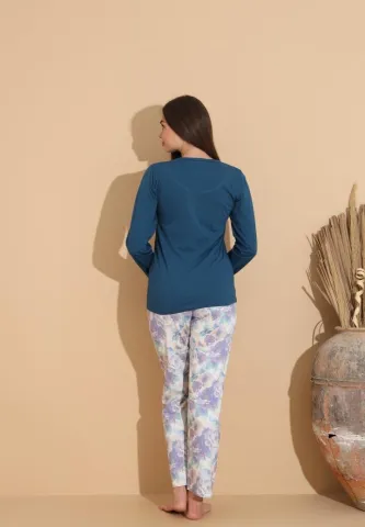 Pijama damă cu bluză „Love” și pantaloni cu imprimeu floral, bleumarin hover