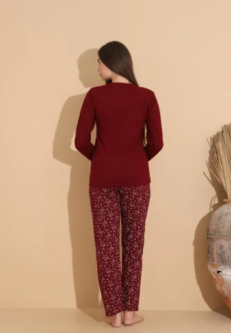 Pijama damă cu bluză „Our Family” și pantaloni cu imprimeu flamingo, visiniu bordo hover