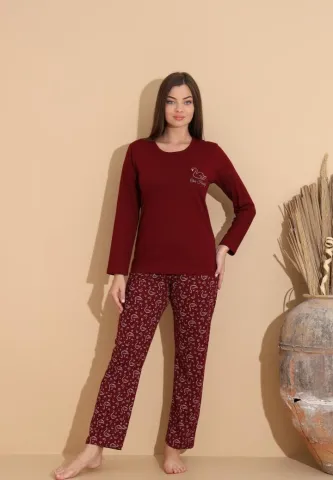 Pijama damă cu bluză „Our Family” și pantaloni cu imprimeu flamingo, visiniu bordo