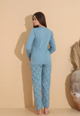 Pijama damă cu bluză „Cute” cu ursuleț și pantaloni cu imprimeu ursuleți, albastru deschis hover