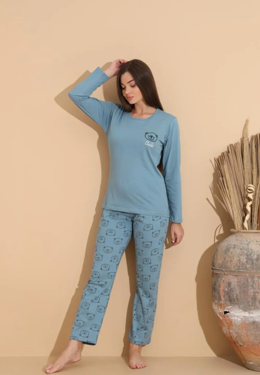 Pijama damă cu bluză „Cute” cu ursuleț și pantaloni cu imprimeu ursuleți, albastru deschis - 3