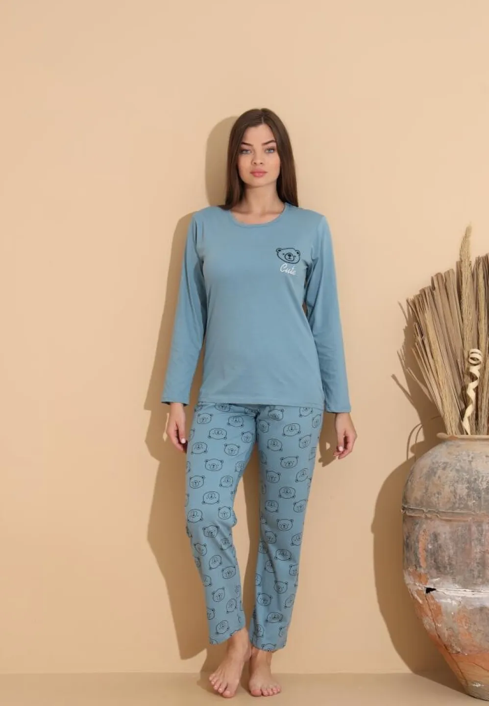 Pijama damă cu bluză „Cute” cu ursuleț și pantaloni cu imprimeu ursuleți, albastru deschis - 1