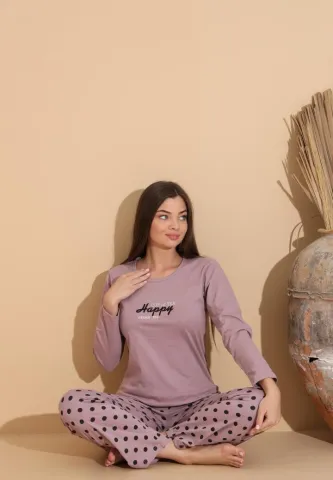 Pijama damă cu bluză „HAPPY” mov și pantaloni lungi cu buline hover