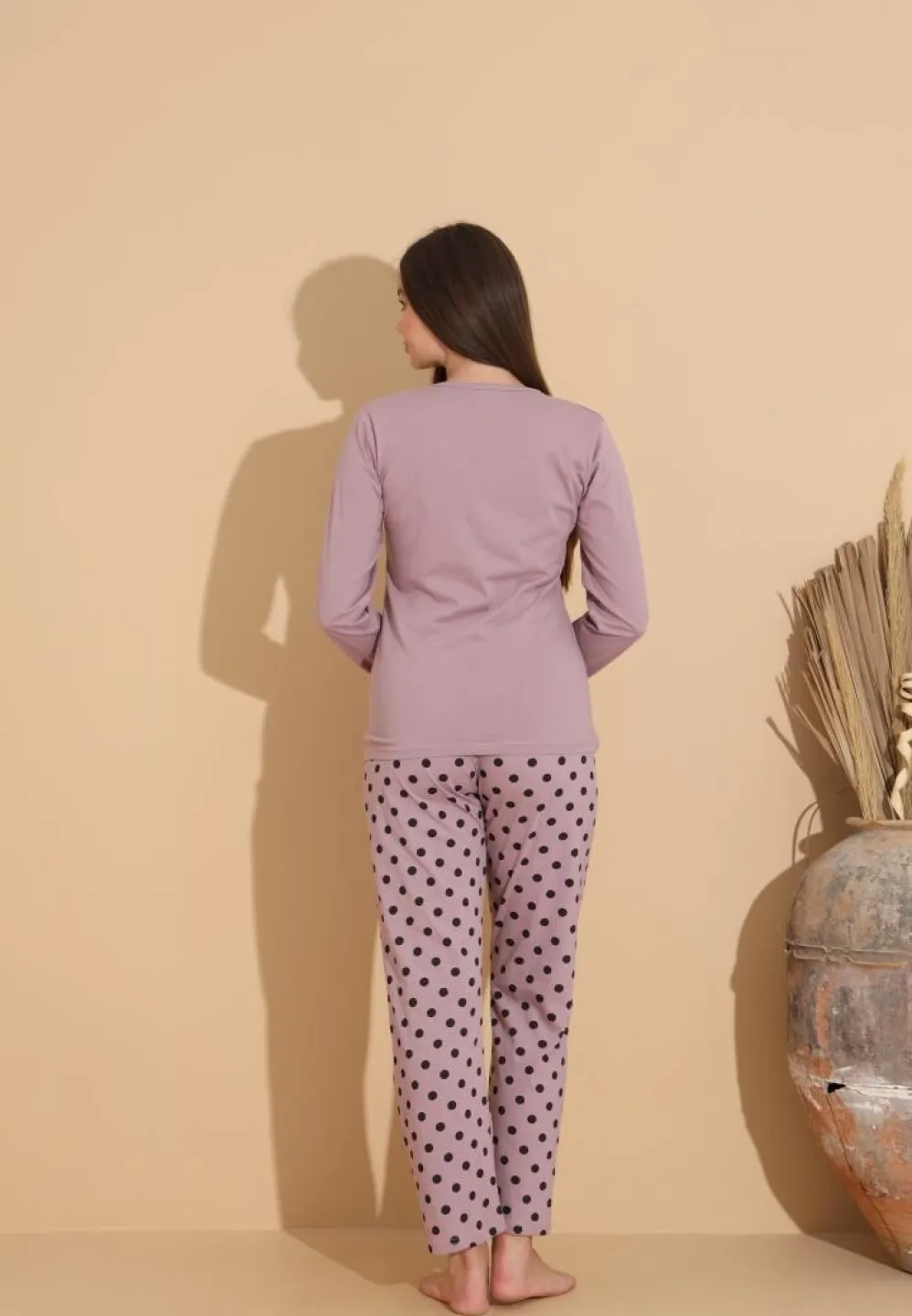 Pijama damă cu bluză „HAPPY” mov și pantaloni lungi cu buline - 3