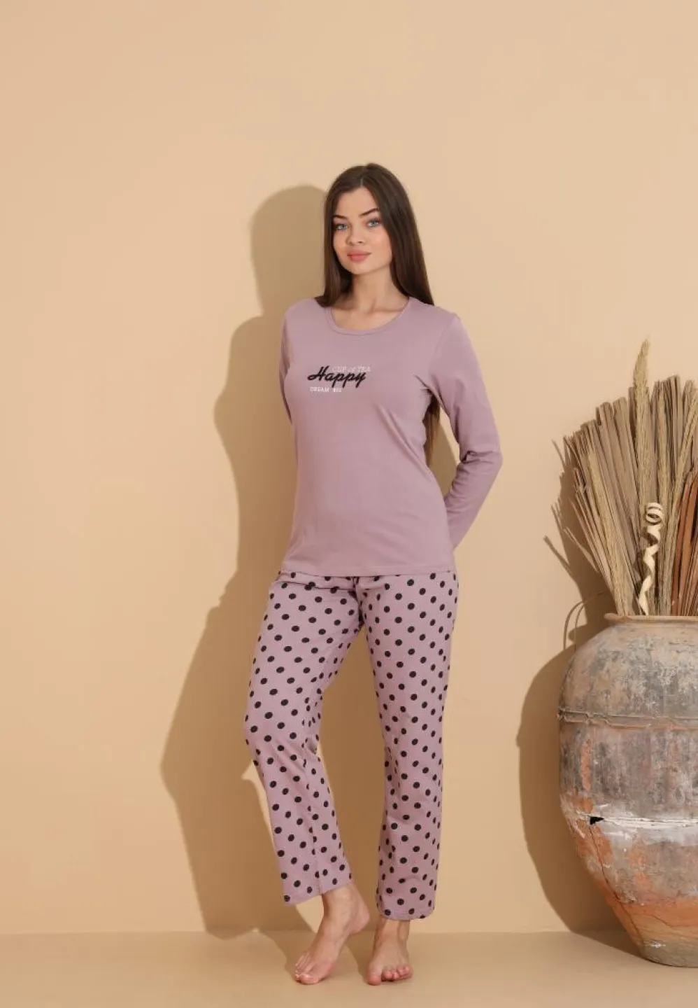 Pijama damă cu bluză „HAPPY” mov și pantaloni lungi cu buline - 4