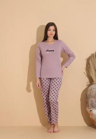 Pijama damă cu bluză „HAPPY” mov și pantaloni lungi cu buline