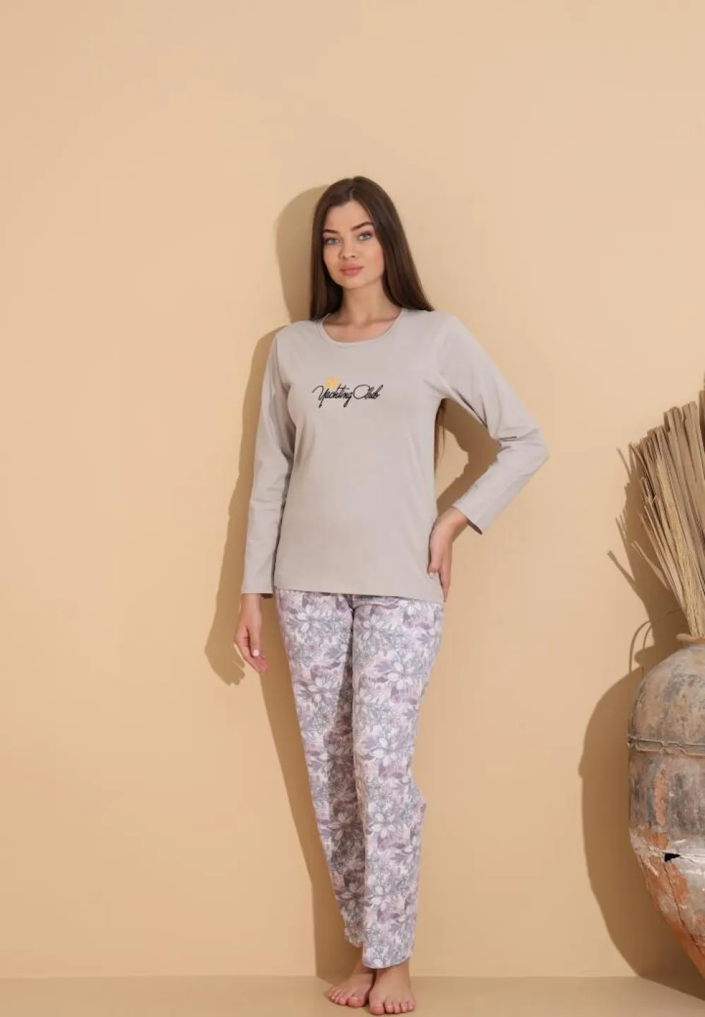 Pijama damă cu bluză „Yachting Club” gri și pantaloni lungi floral - 3