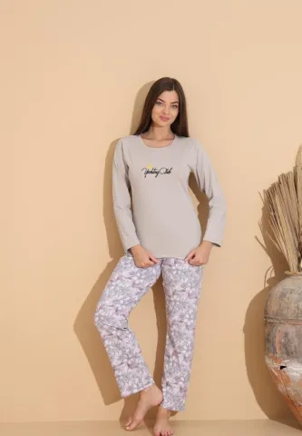 Pijama damă cu bluză „Yachting Club” gri și pantaloni lungi floral