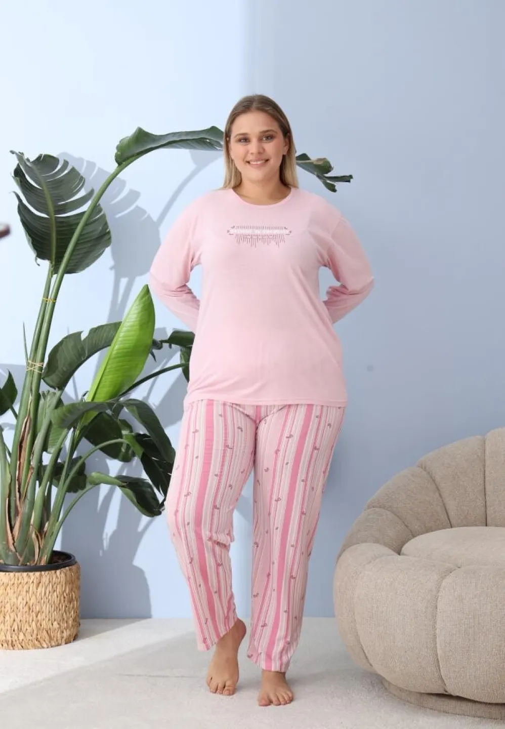 Pijama damă Big Size cu „BELIEVE IN YOURSELF”, pantaloni și mânecă lungă - 3