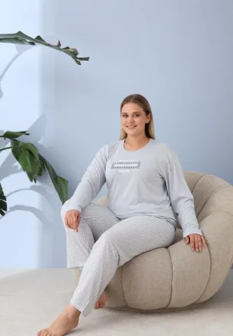 Pijama damă Big Size cu „LEAVE A LITTLE”, pantaloni și mânecă lungă, blue