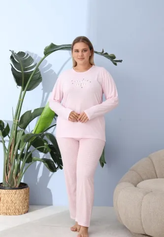 Pijama damă Big Size cu „WINTER VIBES”, pantaloni și mânecă lungă, roz hover