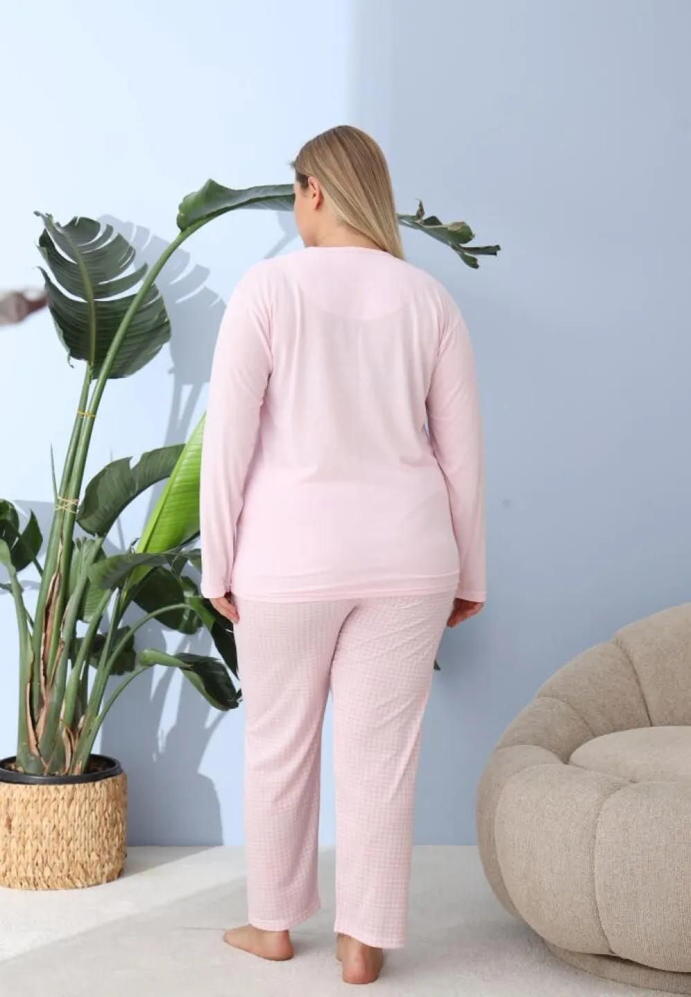 Pijama damă Big Size cu „WINTER VIBES”, pantaloni și mânecă lungă, roz - 3