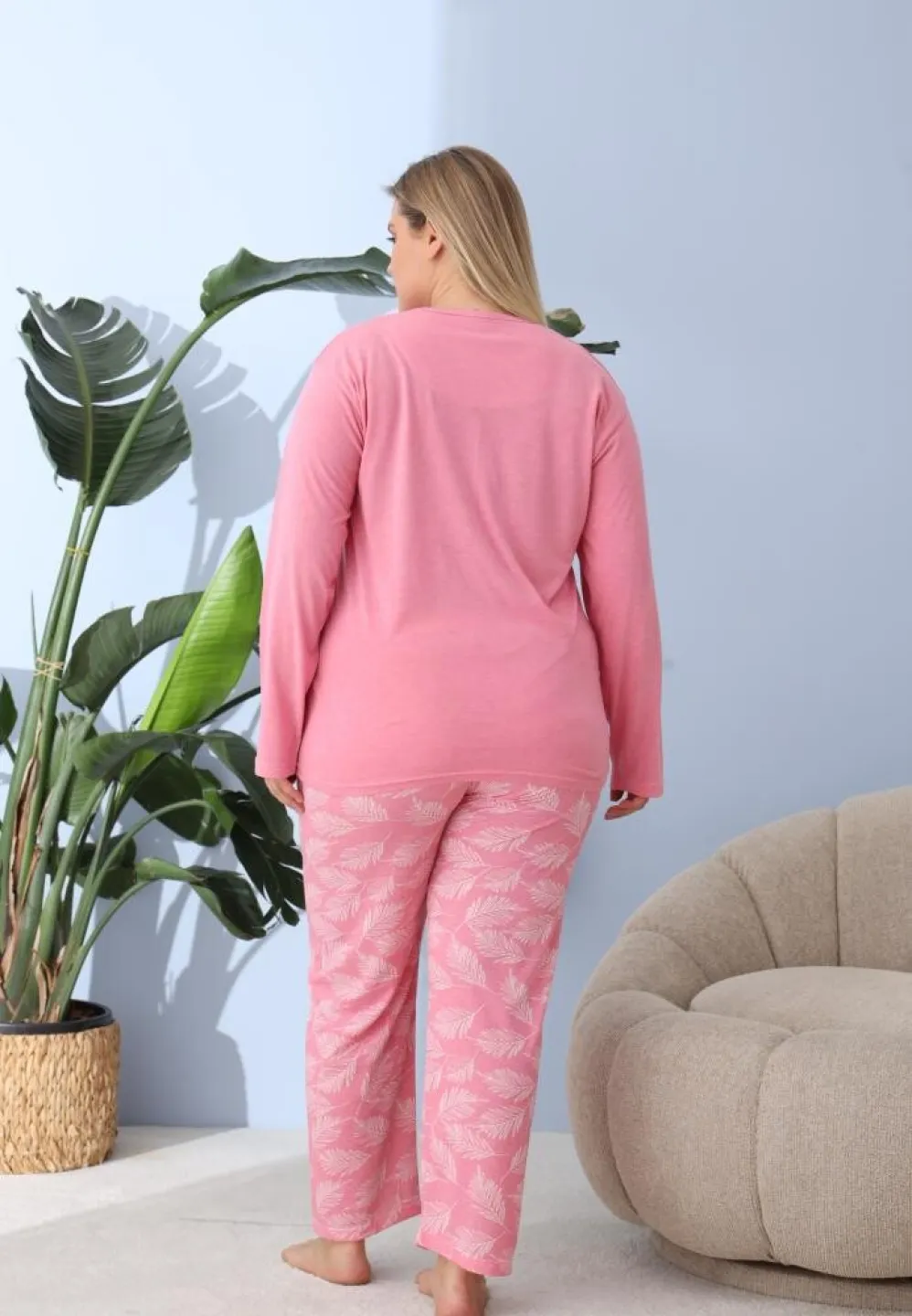 Pijama damă Big Size cu „My best Life”, pantaloni și mânecă lungă, roz - 2