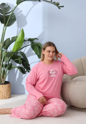 Pijama damă Big Size cu „My best Life”, pantaloni și mânecă lungă, roz