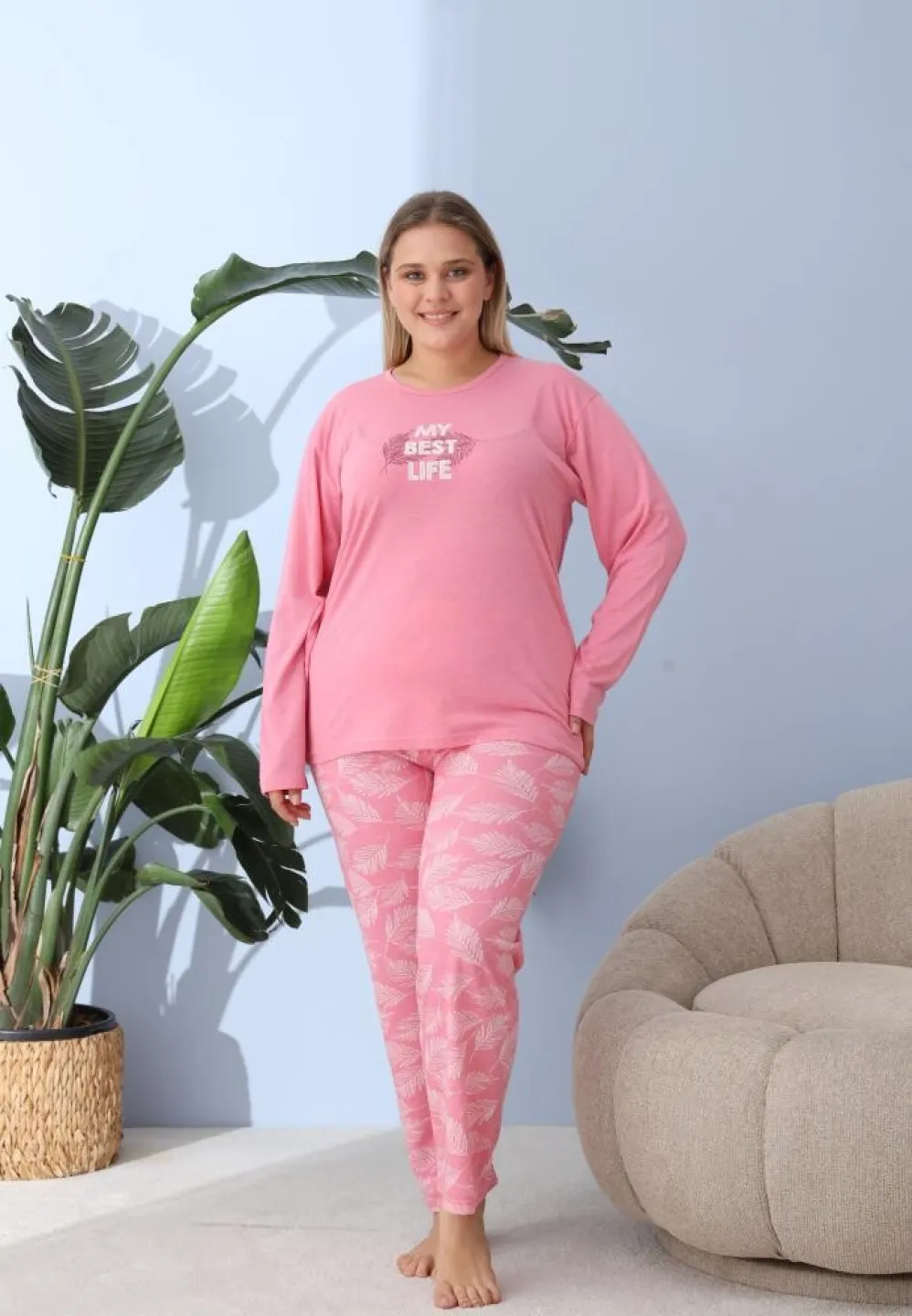 Pijama damă Big Size cu „My best Life”, pantaloni și mânecă lungă, roz - 3