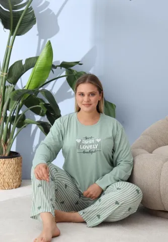 Pijama damă Big Size cu „JUST LOVELY”, pantaloni și mânecă lungă, verde