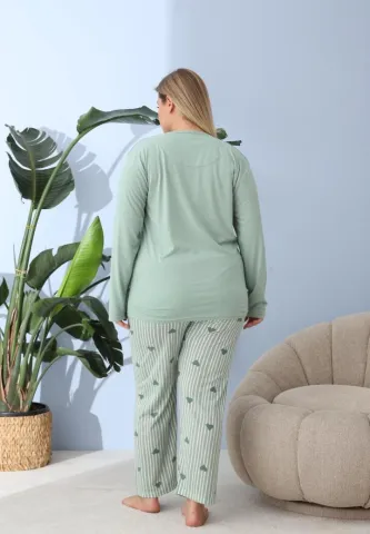 Pijama damă Big Size cu „JUST LOVELY”, pantaloni și mânecă lungă, verde hover