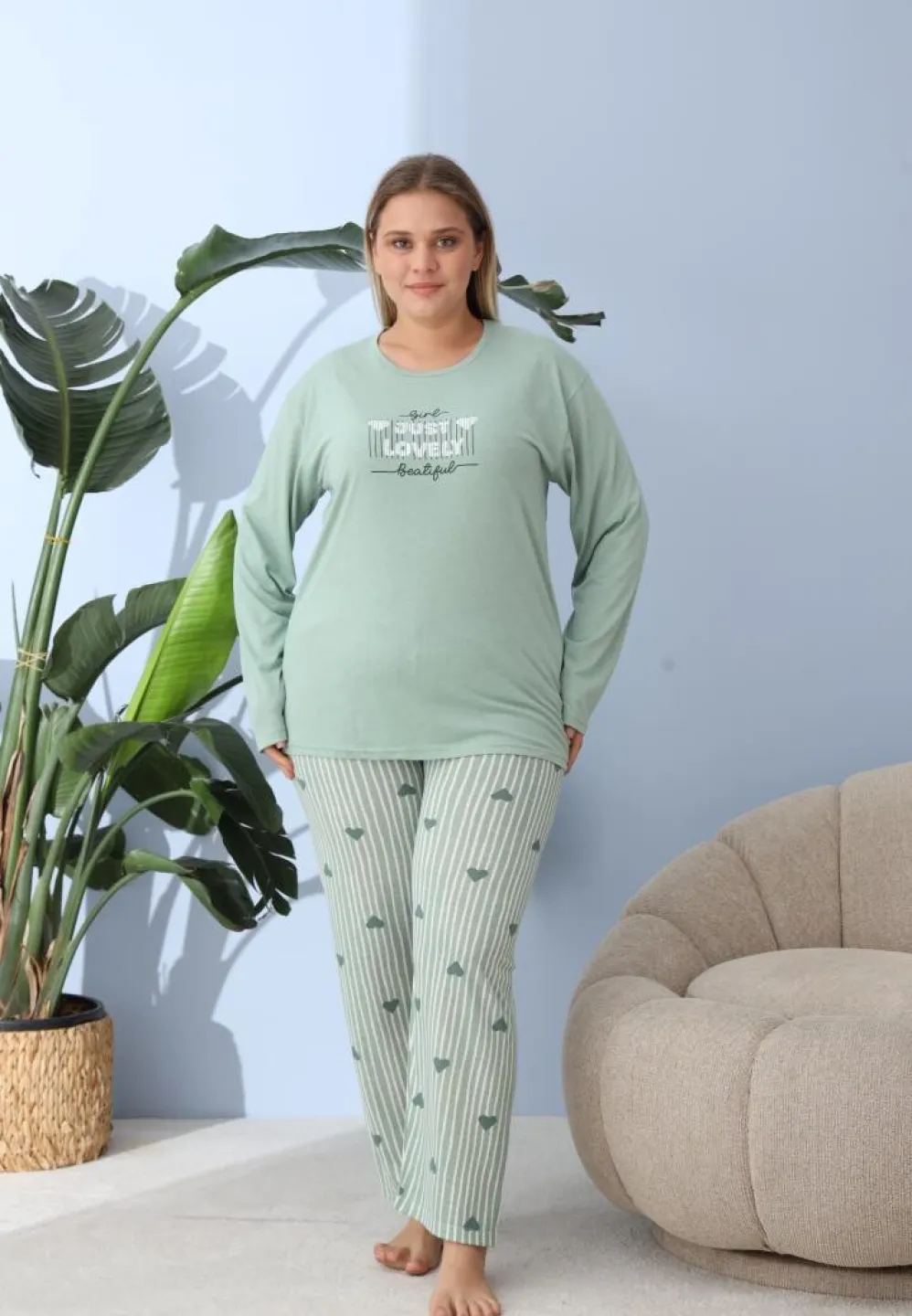 Pijama damă Big Size cu „JUST LOVELY”, pantaloni și mânecă lungă, verde - 5