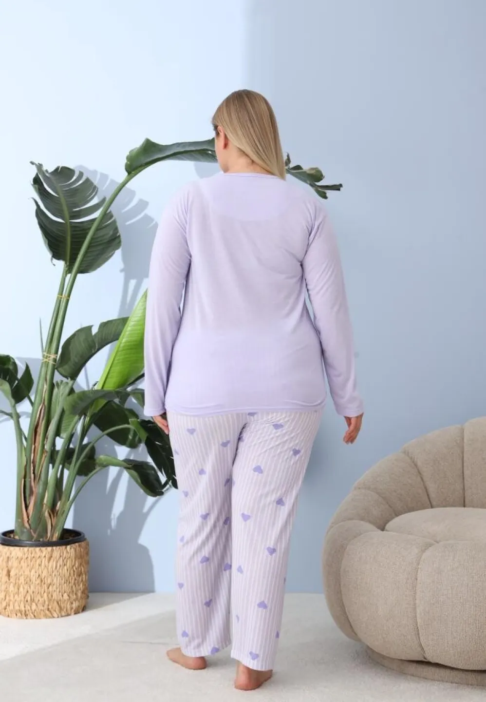 Pijama damă Big Size cu „Keep Thing”, pantaloni și mânecă lungă, lila - 2