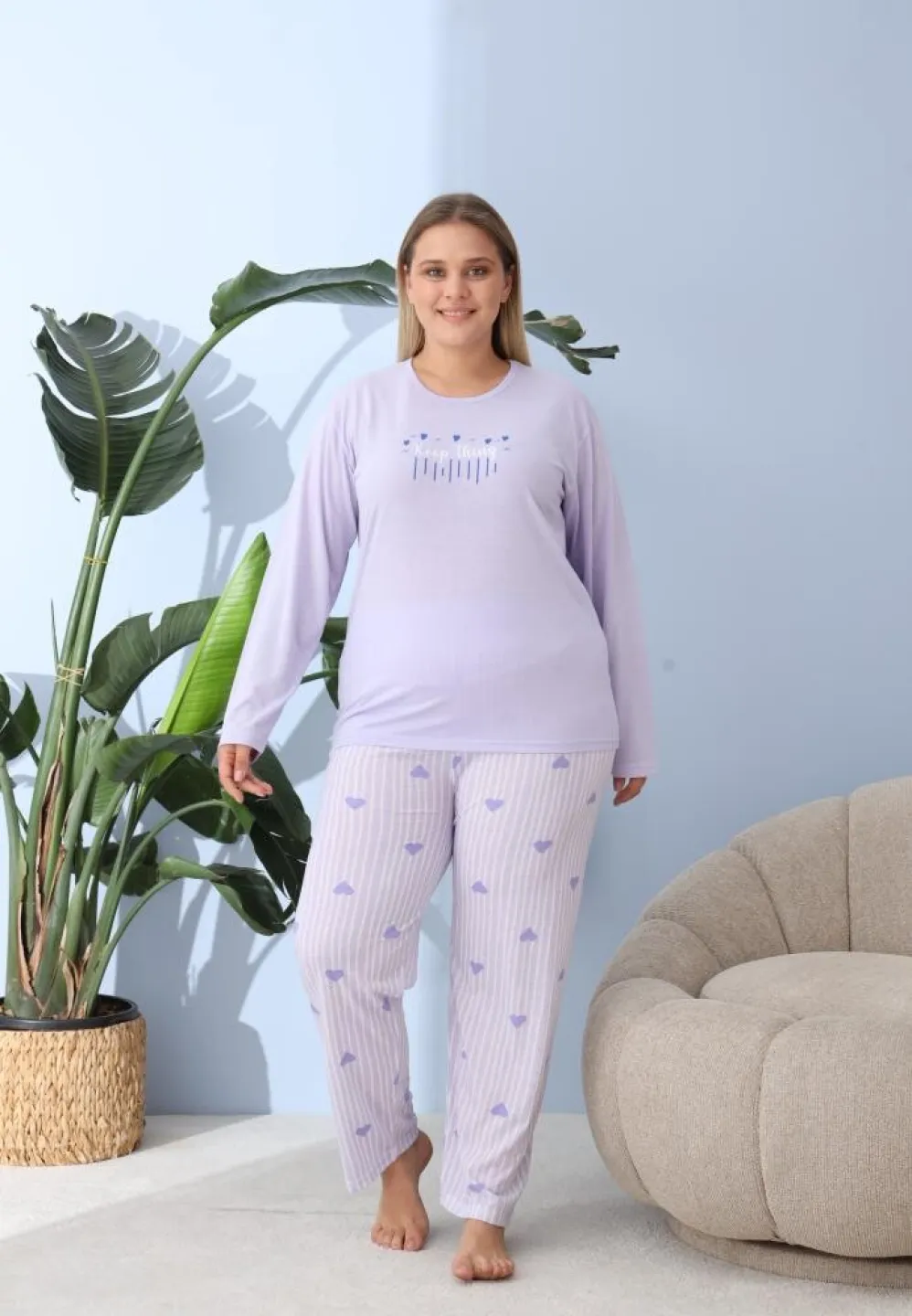 Pijama damă Big Size cu „Keep Thing”, pantaloni și mânecă lungă, lila - 3